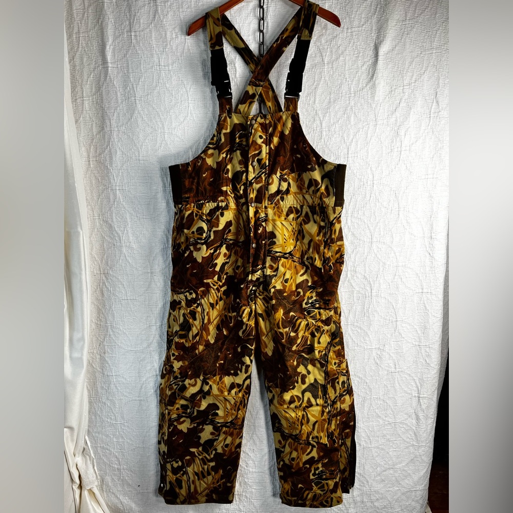 Mount'n Prairie Vintage Camo Hunting Overall Bibs Men's L Brown Tan Felted Pants